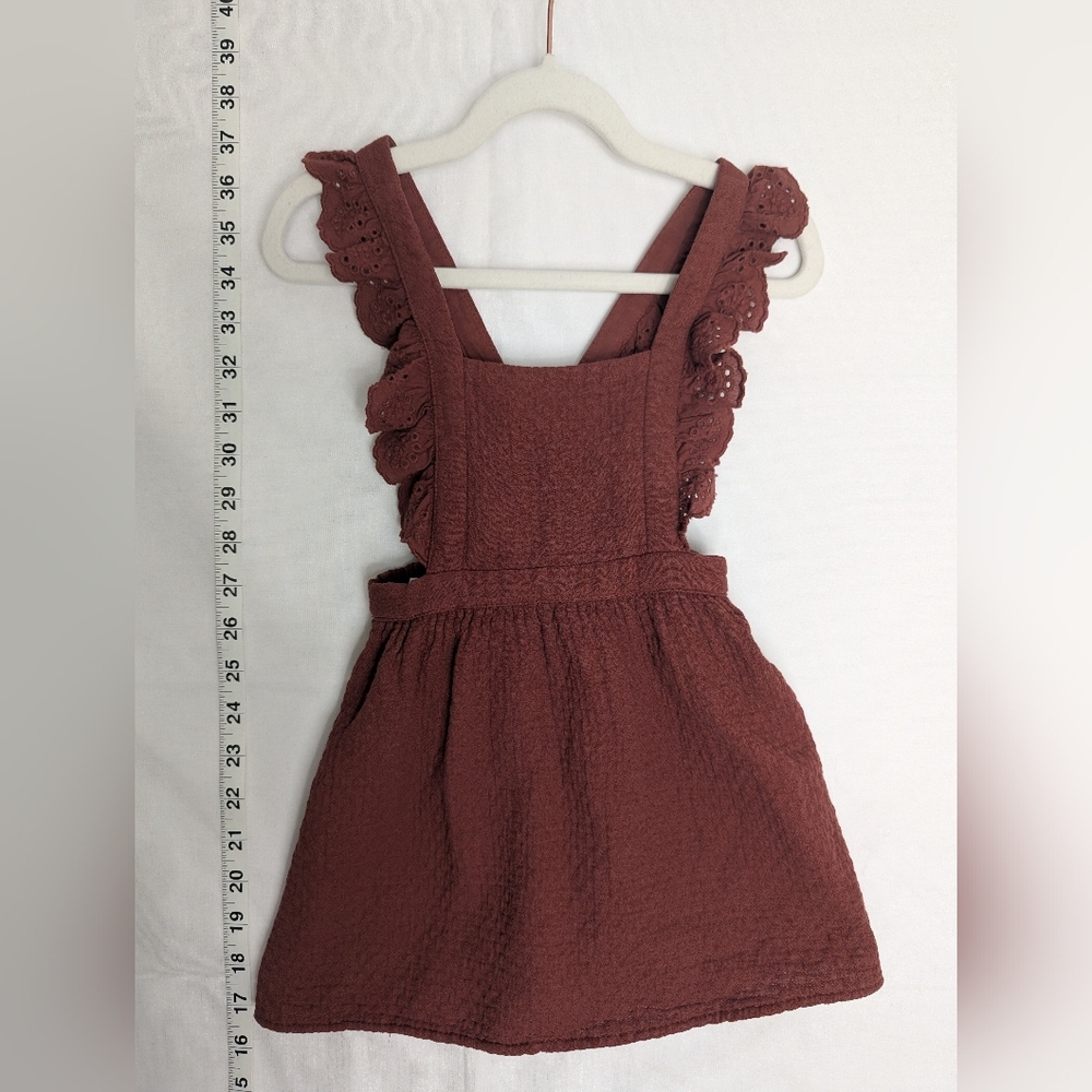 NWT Zara Girls Pinafore Ruffle Trim Textured Cotton Rusty Brown Size 2-3 Years